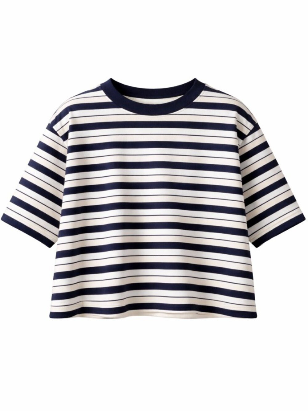 bp • Navy Ivory Striped Oversized Short Sleeve Crop Organic Cotton Tee
